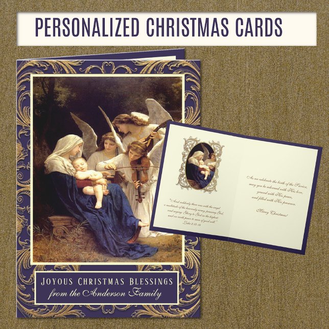 Elegant Religious Virgin Mary Angels Music Holiday Card (Personalized Christmas Cards "Song of the Angels" with Scripture Bible Verse)