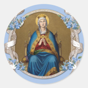 Elegant Religious Virgin Mary Blue Floral Classic Round Sticker