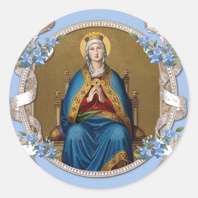 Elegant Religious Virgin Mary Blue Floral  Classic Round Sticker (Front)
