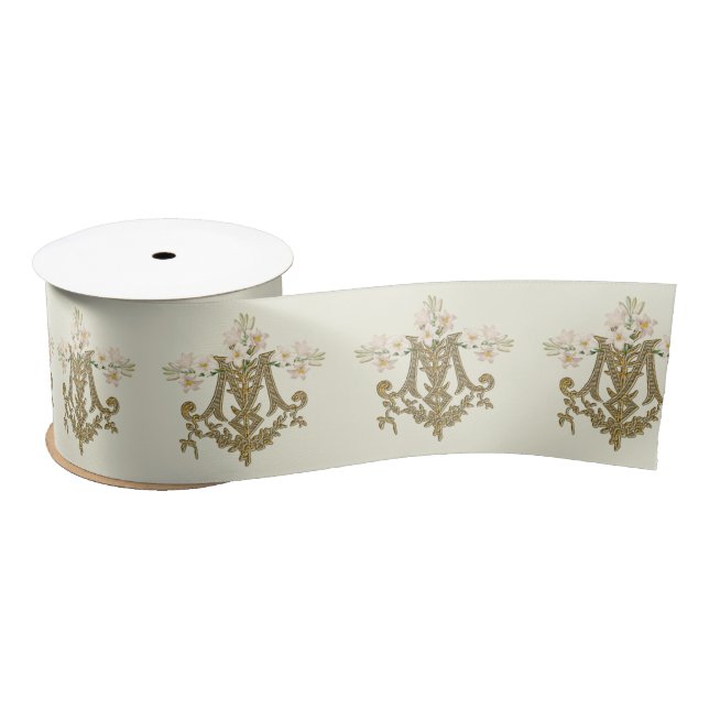 Elegant Religious Virgin Mary Gold Catholic Lilies Satin Ribbon (Spool)
