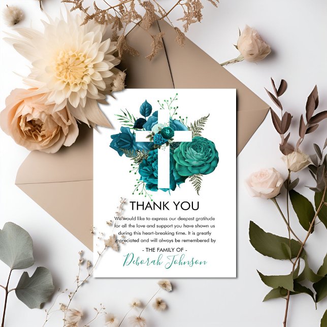 Elegant Religous Floral Funeral Photo Thank You Card (Creator Uploaded)