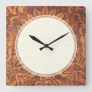 Elegant Renaissance Antique Leather Damask Square Wall Clock