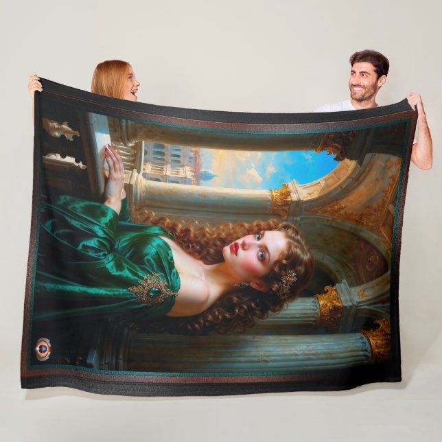 Elegant Renaissance Woman in Green Dress Fleece Blanket (In Situ)
