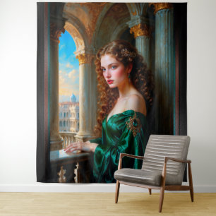 Elegant Renaissance Woman in Green Dress Tapestry