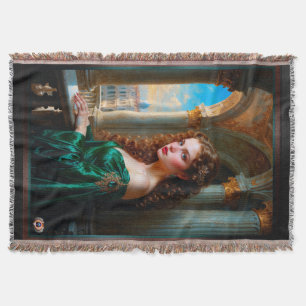 Elegant Renaissance Woman in Green Dress Throw Blanket