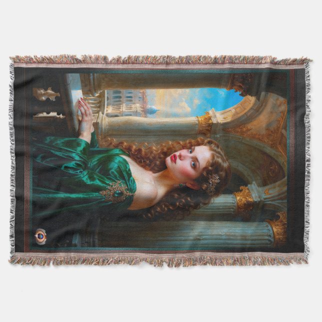 Elegant Renaissance Woman in Green Dress Throw Blanket (Front)