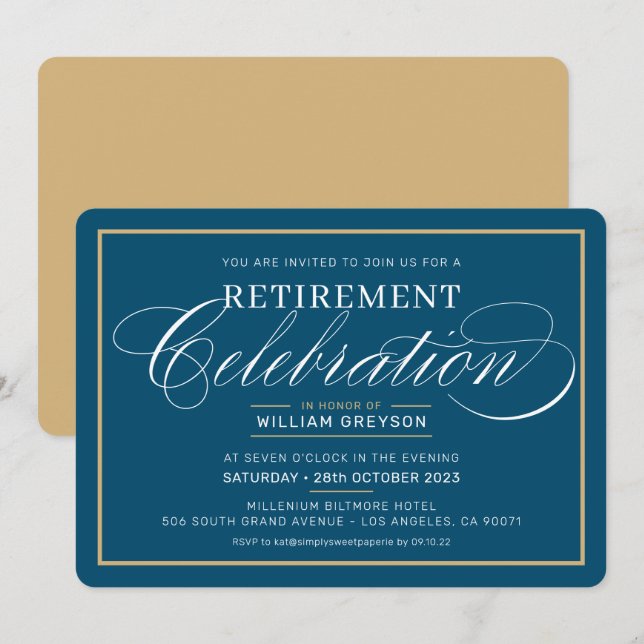 ELEGANT RETIREMENT DINNER modern dark blue gold Invitation (Front/Back)