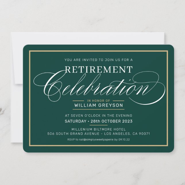 ELEGANT RETIREMENT DINNER modern dark green gold Invitation (Front)