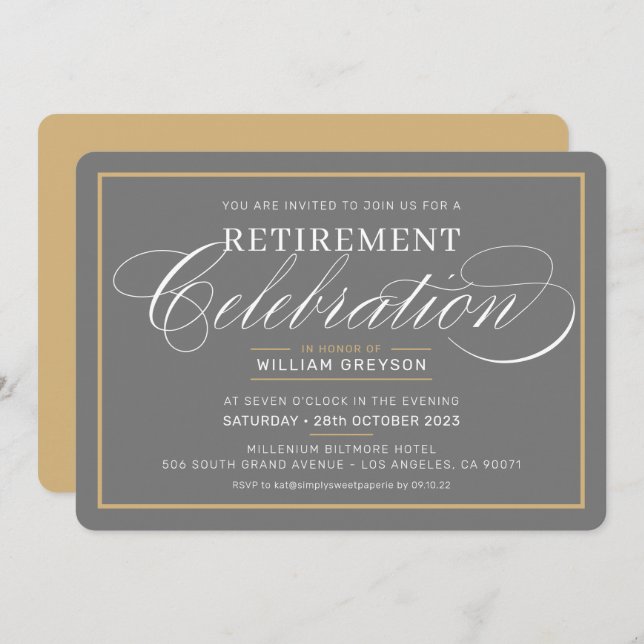 ELEGANT RETIREMENT DINNER modern grey white gold Invitation (Front/Back)