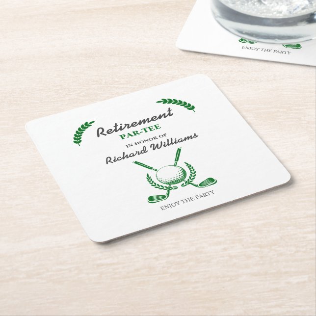 Elegant Retirement Golf Club Wreath Themed Party Square Paper Coaster (Angled)