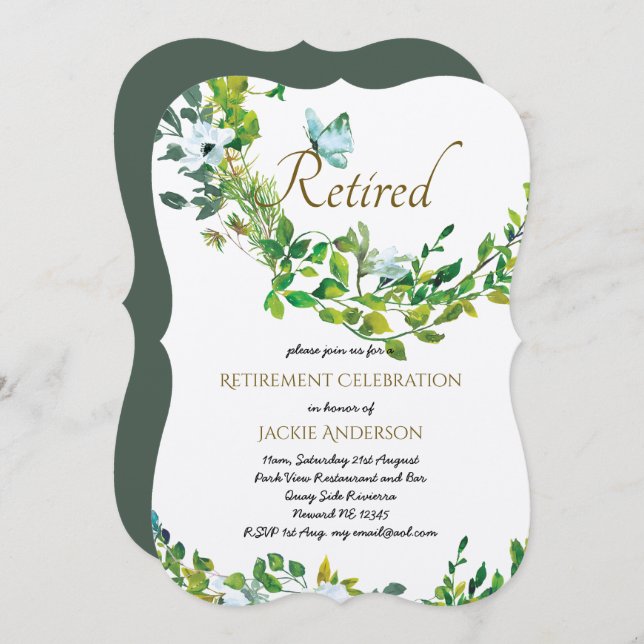 Elegant RETIREMENT Invitations Man Woman Greenery (Front/Back)