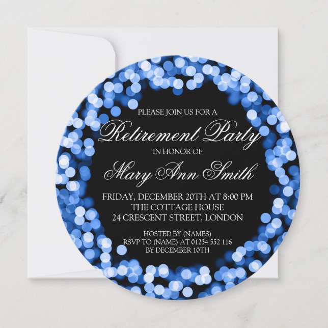 Elegant Retirement Party Blue Sparkly Lights Invitation (Front)