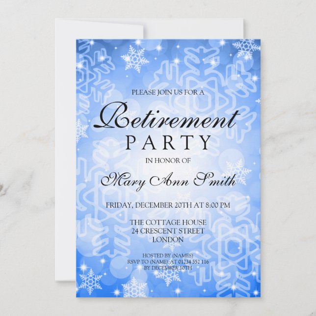 Elegant Retirement Party Blue Winter Bokeh Lights Invitation (Front)