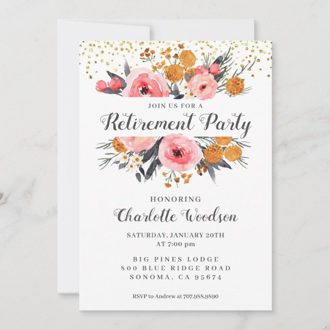 Elegant Retirement Party | Floral Blush Pink Gold  Invitation (Front)