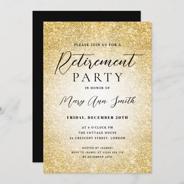 Elegant Retirement Party Glam Gold Glitter  Invitation (Front/Back)