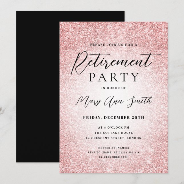 Elegant Retirement Party Glam Rose Gold Glitter Invitation (Front/Back)