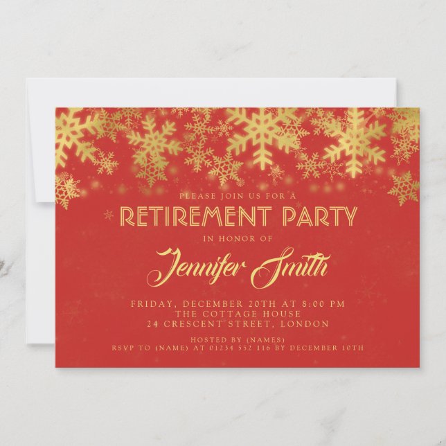 Elegant Retirement Party Gold Foil Snowflakes Red Invitation (Front)