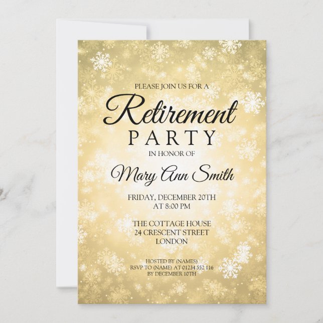 Elegant Retirement Party Gold Winter Wonderland Invitation (Front)