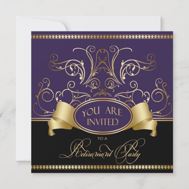 Elegant Retirement Party Invitation Purple Gold Bl (Front)
