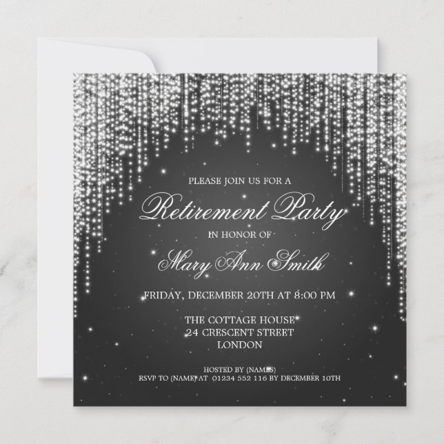 Elegant Retirement Party Night Dazzle Black Invitation (Front)