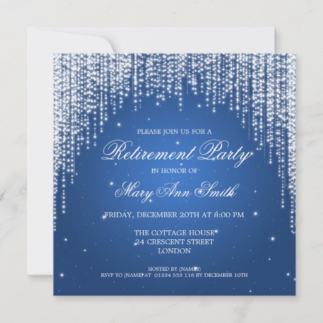 Elegant Retirement Party Night Dazzle Blue Invitation (Front)