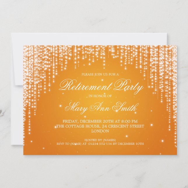 Elegant Retirement Party Night Dazzle Orange Invitation (Front)