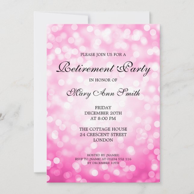 Elegant Retirement Party Pink Glitter Lights Invitation (Front)