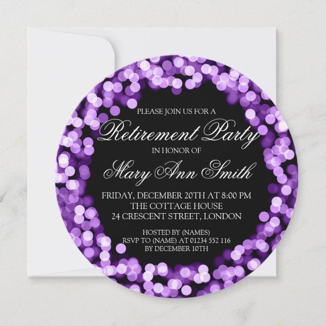 Elegant Retirement Party Purple Sparkly Lights Invitation (Front)