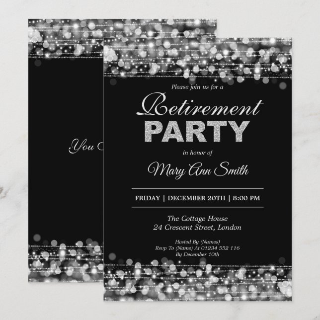 Elegant Retirement Party Silver Glitter Invitation (Front/Back)