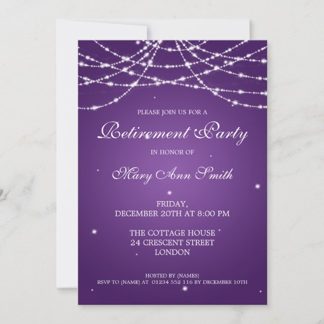 Elegant Retirement Party String of Stars Purple Invitation (Front)