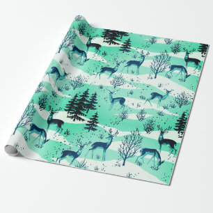 Elegant Retro Aqua Blue Woodland Deer Wrapping Paper