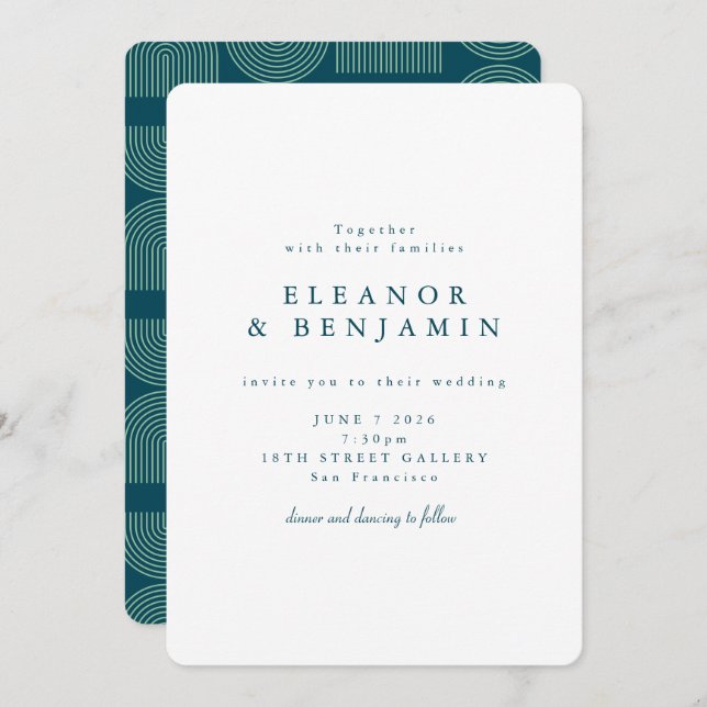 Elegant Retro Arch Lines White Teal Blue Wedding  Invitation (Front/Back)