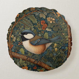 Elegant Retro Art Nouveau woodland bird Round Cushion