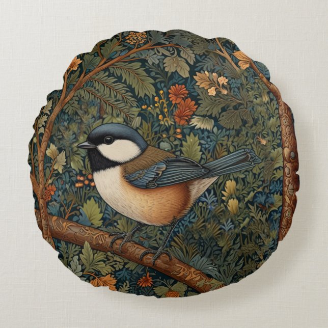 Elegant Retro Art Nouveau woodland bird Round Cushion (Front)