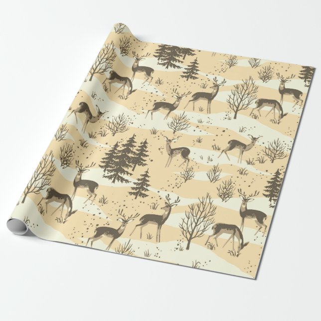 Elegant Retro Beige Cream Woodland Deer Wrapping Paper (Unrolled)