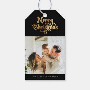 Elegant Retro Black and Gold Merry Christmas Photo Gift Tags