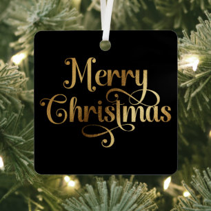 Elegant Retro Black and Gold Merry Christmas Photo Metal Tree Decoration