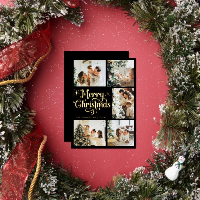 Elegant Retro Black & Gold Merry Christmas Family Foil Holiday Card (Insitu)