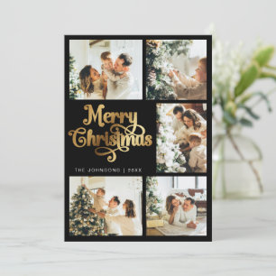 Elegant Retro Black & Gold Merry Christmas Family Holiday Card