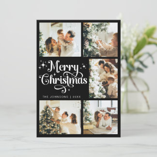 Elegant Retro Black & White Merry Christmas Family Holiday Card