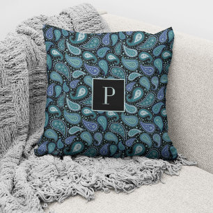 Elegant Retro Blue Paisley Pattern Monogrammed Cushion