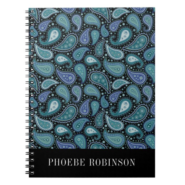 Elegant Retro Blue Paisley Pattern Notebook (Front)