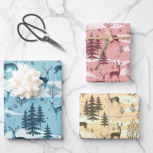 Elegant Retro Blue Red Beige Woodland Deer Wrapping Paper Sheet (Front)