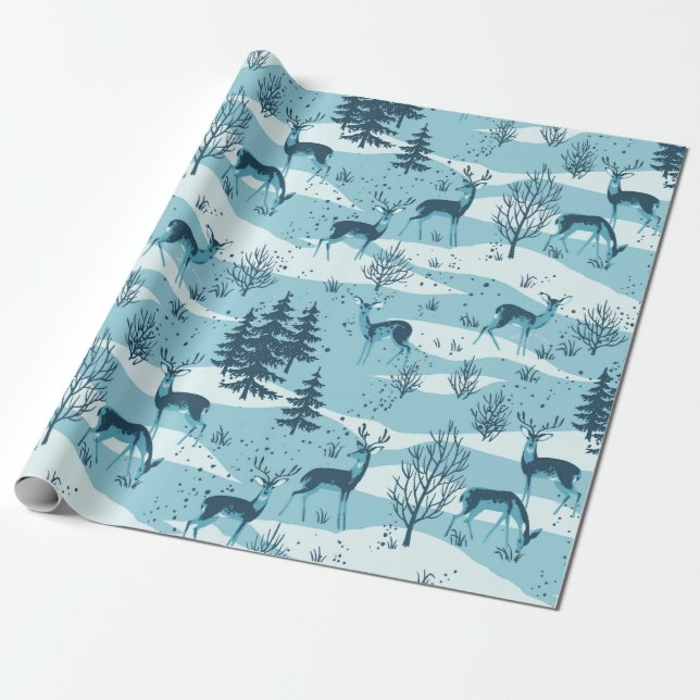 Elegant Retro Blue Woodland Deer Wrapping Paper (Unrolled)