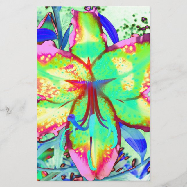 Elegant retro boho abstract green pink floral stationery (Front)