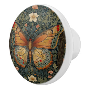 Elegant retro boho butterfly botanical greenery ceramic knob