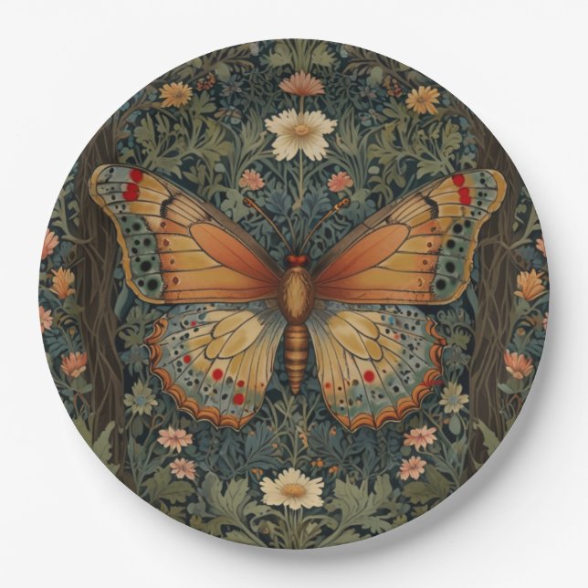 Elegant retro boho butterfly botanical greenery paper plate (Front)