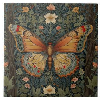 Elegant retro boho butterfly botanical greenery tile