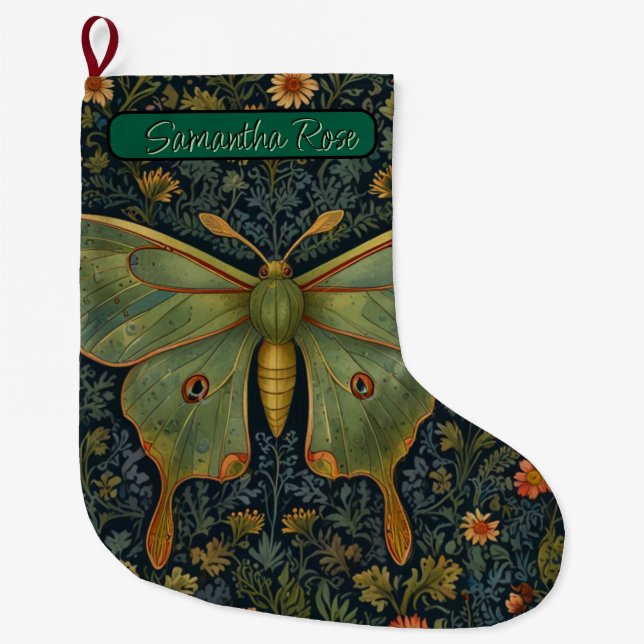Elegant retro boho Luna moth botanical  Large Christmas Stocking (Front)