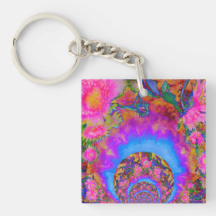 Elegant retro boho pink watercolor sunflowers key ring